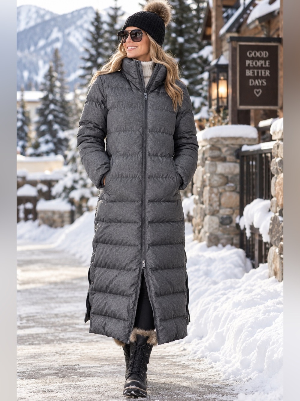 Lands' End Full Length Down Puffer Coat Heathered Charcoal